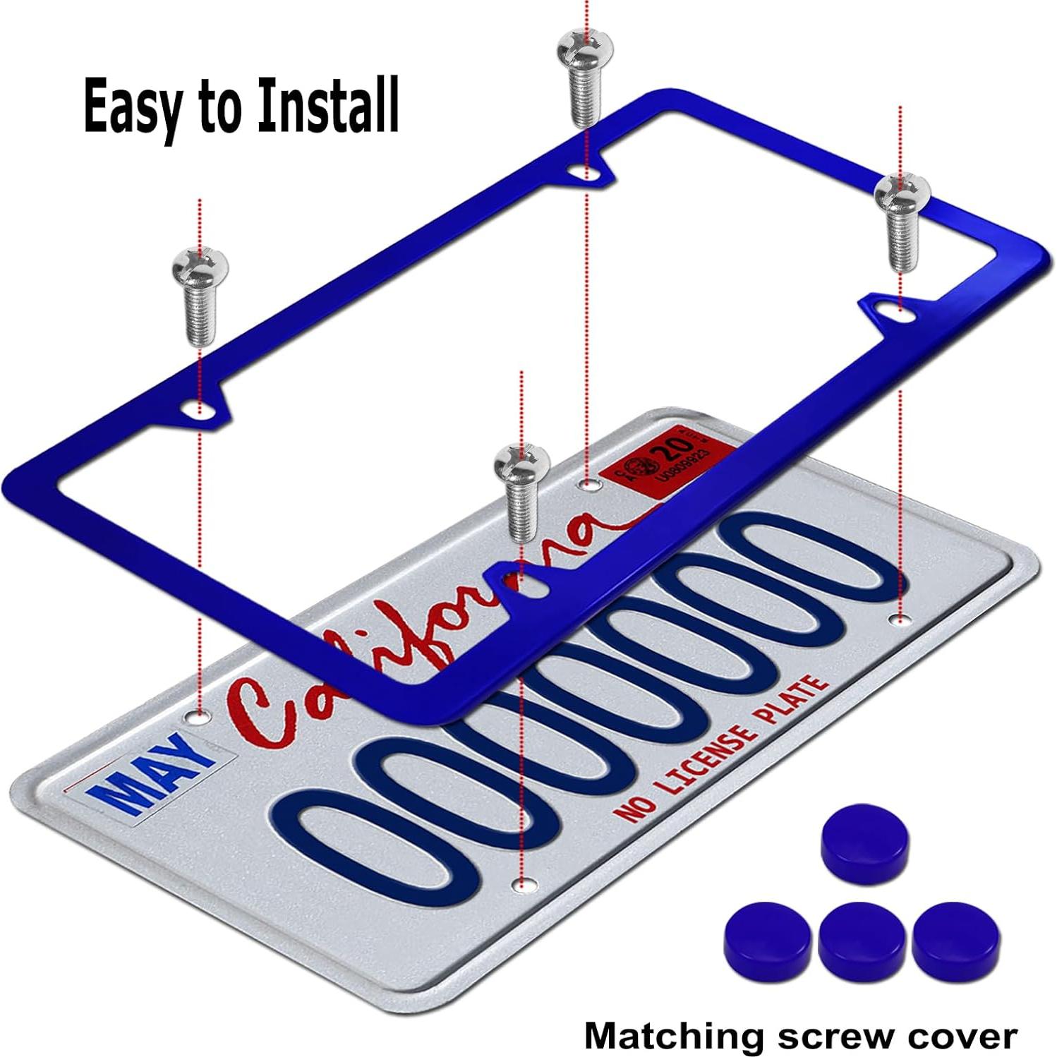 Blue License Plate Frames- Aluminum Front & Rear Car Tag Covers for Men Women, 2 Pack 4 Hole Thin Slim Holders with Mounting Hardware Kit- Screws, Rattle Proof Pads