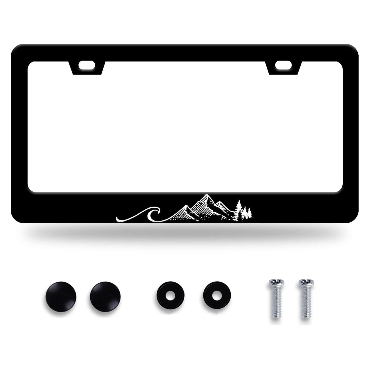 Waves License Plate Frame Ocean Wave Mountains License Plate Stainless Steel Parts Funny License Plate Decorative with Screws Size 12.3" x 6.3"