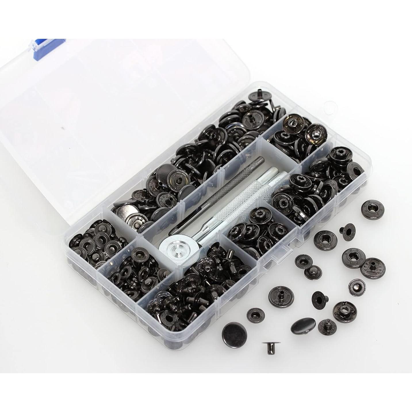 80 Botones a Presión de Cuero Negro BetterJonny 15mm con Herramientas