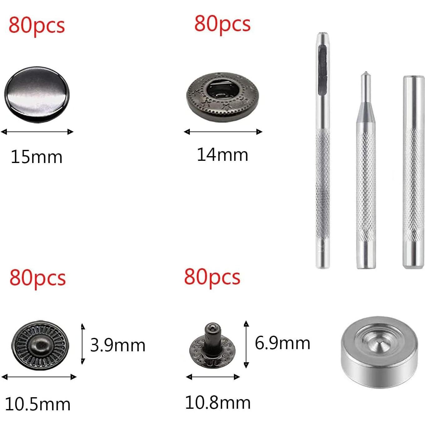 80 Botones a Presión de Cuero Negro BetterJonny 15mm con Herramientas