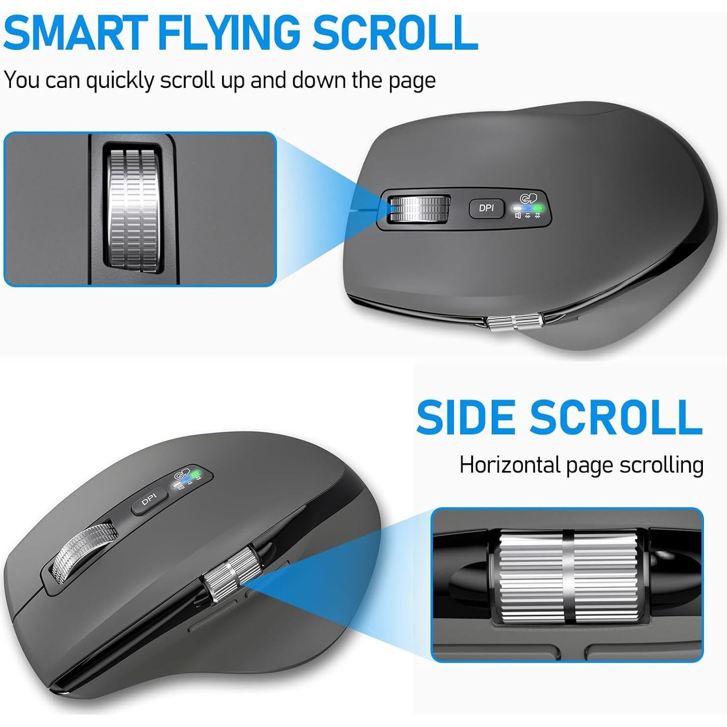 Wireless Side Scroll Mouse with Multi-Device, Ergonomic Computer Mice with Smart Flying Scroll, Quiet Click for Computer, Laptop, iPad, Tablet, MacBook (Grey)