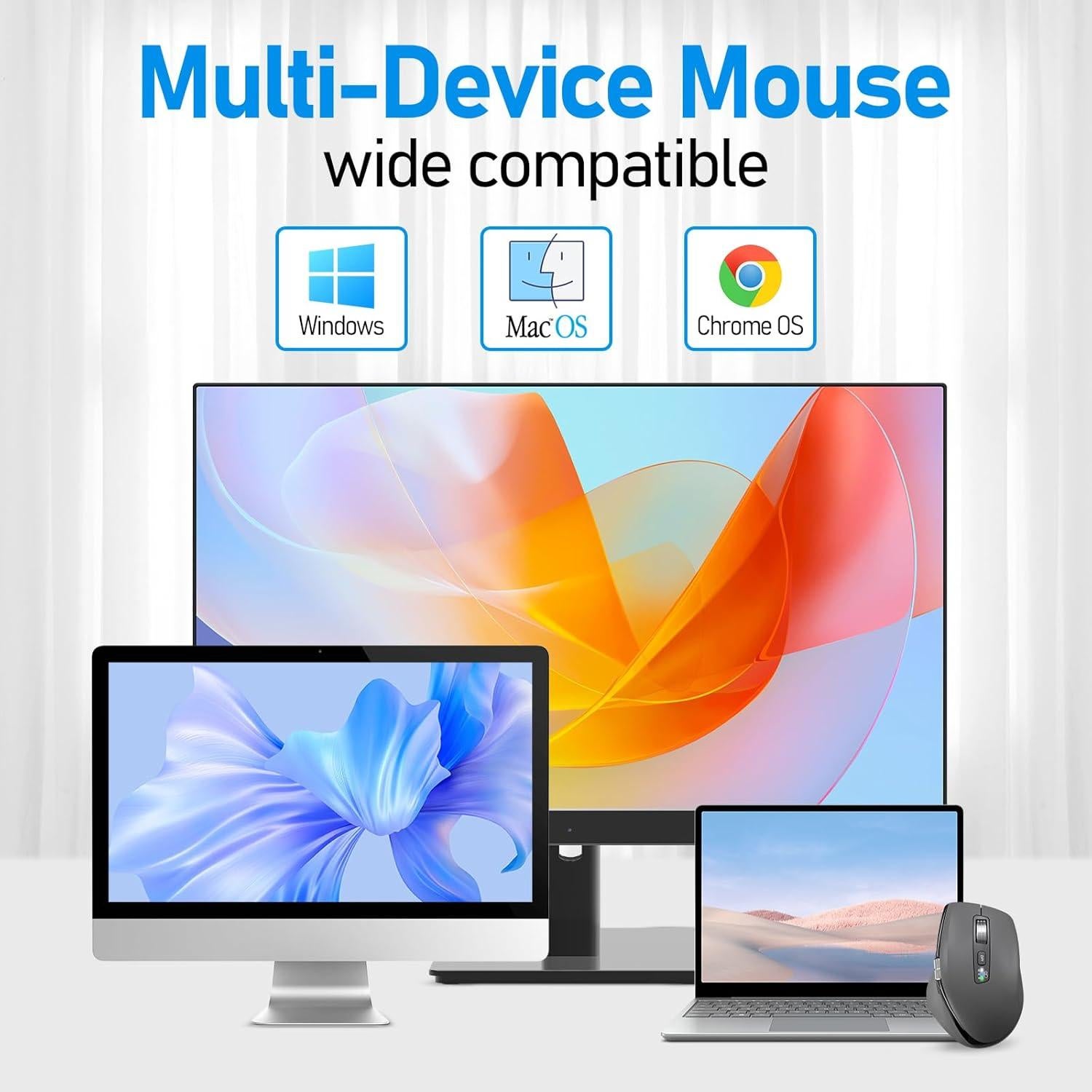 Wireless Side Scroll Mouse with Multi-Device, Ergonomic Computer Mice with Smart Flying Scroll, Quiet Click for Computer, Laptop, iPad, Tablet, MacBook (Grey)
