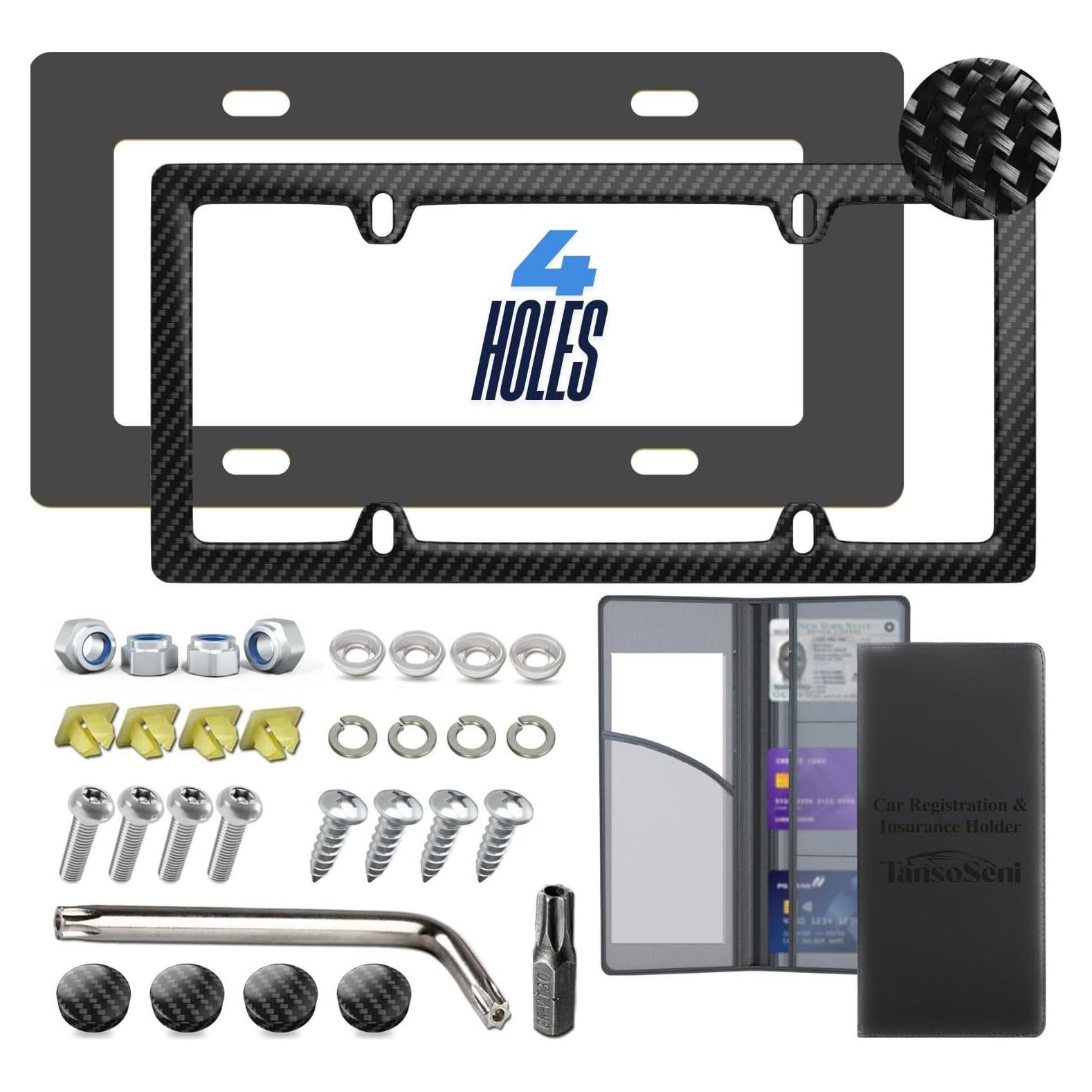 Pure Carbon Fiber License Plate Frame - Rattle Proof, Sleek, Lightweight, Rust-Proof, and Durable Car Plate Frame - Black License Plate Frames (1 Pack 4 Holes)