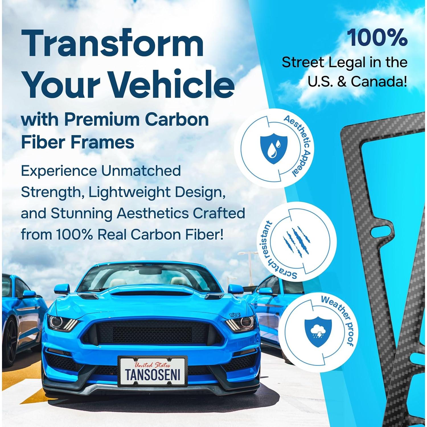 Pure Carbon Fiber License Plate Frame - Rattle Proof, Sleek, Lightweight, Rust-Proof, and Durable Car Plate Frame - Black License Plate Frames (1 Pack 4 Holes)