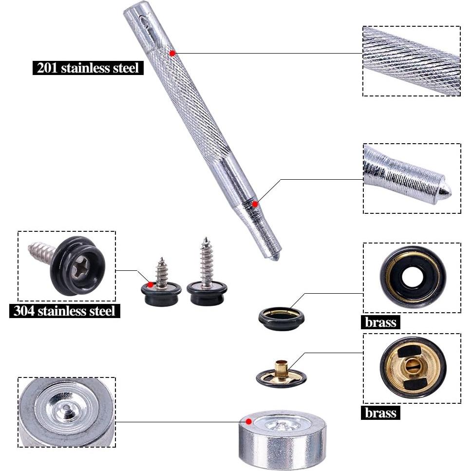 Kit de Botones a Presión Glarks 120 Piezas Acero Inoxidable Negro