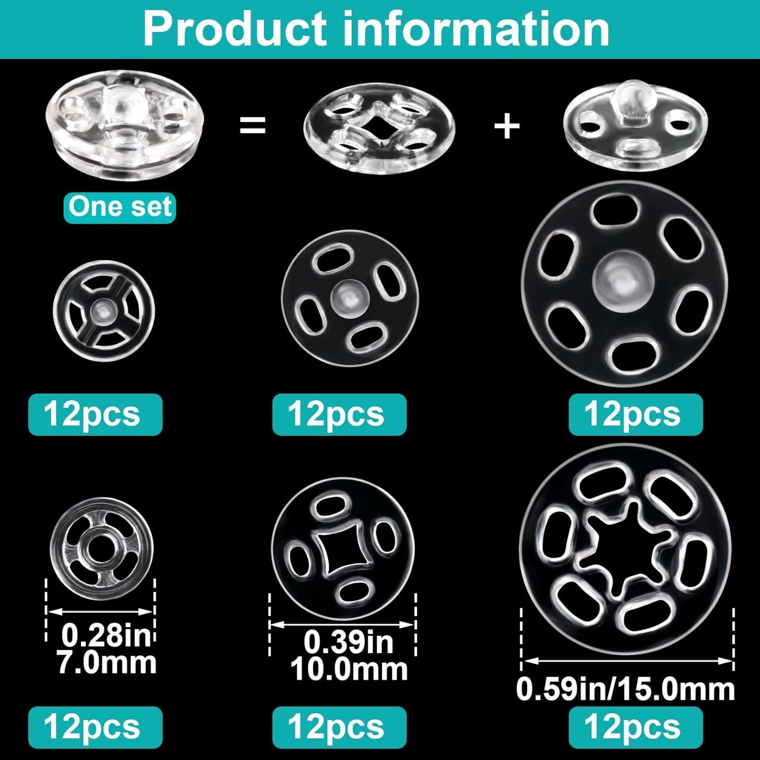 Kit de Botones de Presión PAGOW 36 Conjuntos Transparentes 7mm 10mm 15mm