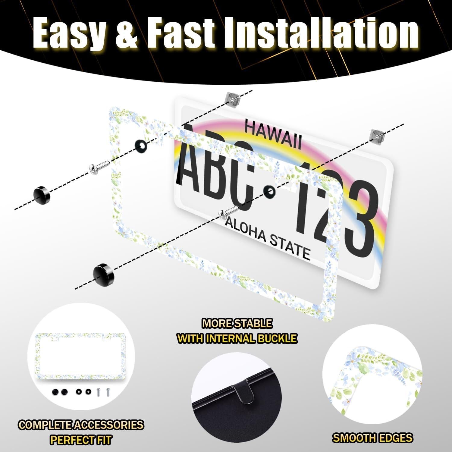 Marco de Placa de Licencia RNKATIH Acero Inoxidable Flores Azules