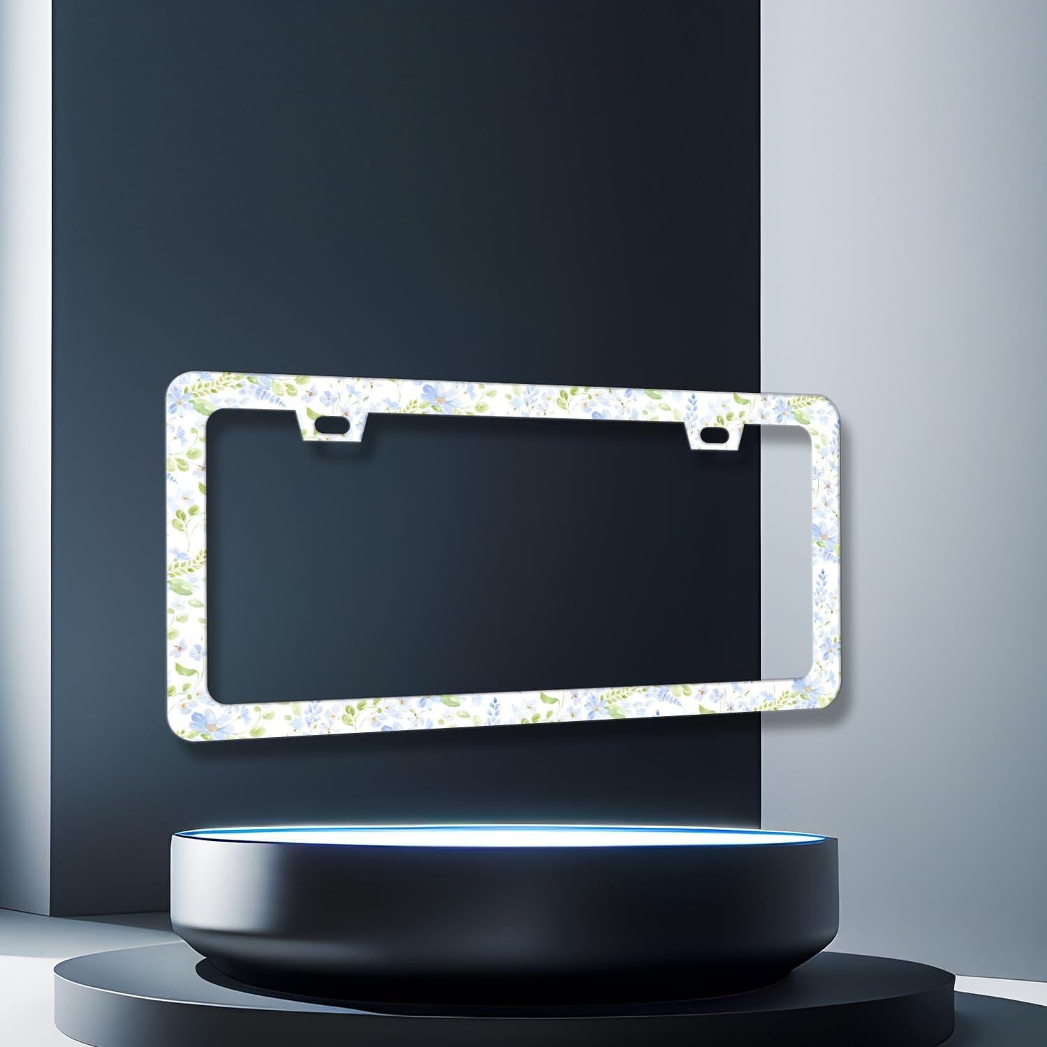 Marco de Placa de Licencia RNKATIH Acero Inoxidable Flores Azules