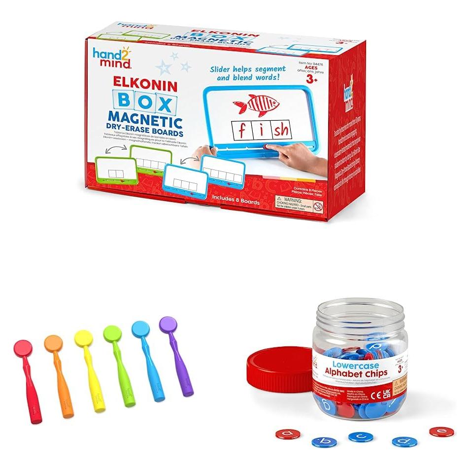 hand2mind Elkonin Boxes Magnetic Dry Erase Boards Set (Set of 8) & Magnetic Wands for Kids, Magnet Wands (Set of 6) & Lowercase Alphabet Chips, Toddler Learning Letters for Spelling