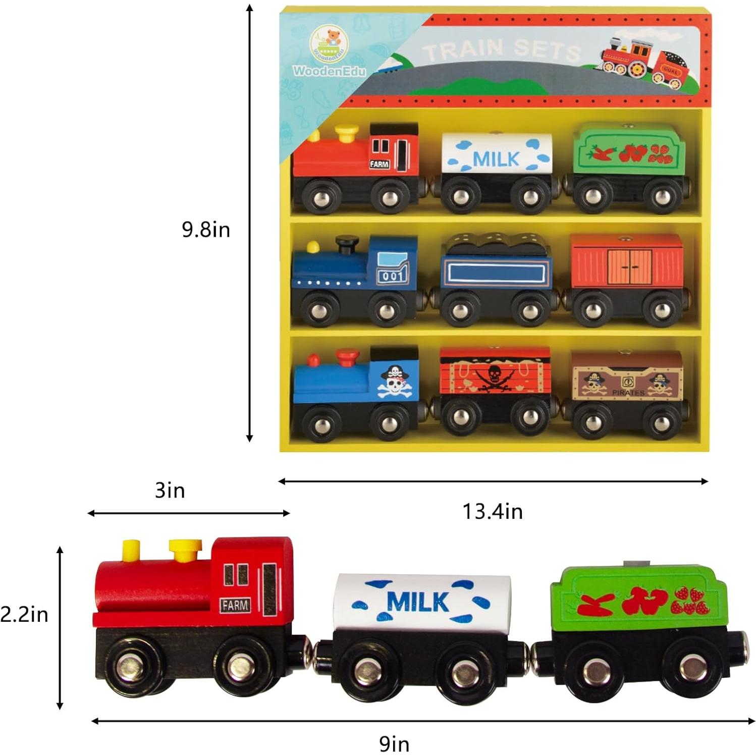 Juegos de trenes de madera WoodenEdu, 9 piezas magnéticas