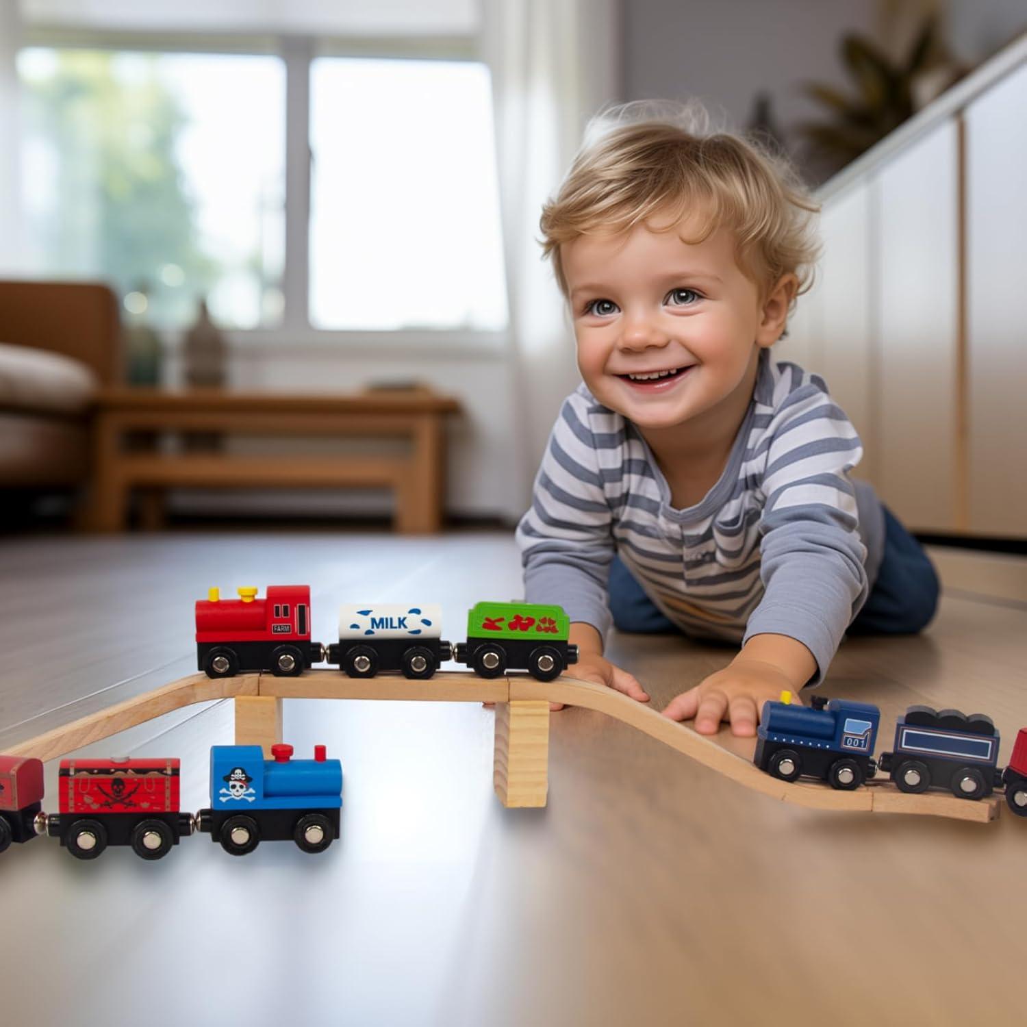 Juegos de trenes de madera WoodenEdu, 9 piezas magnéticas
