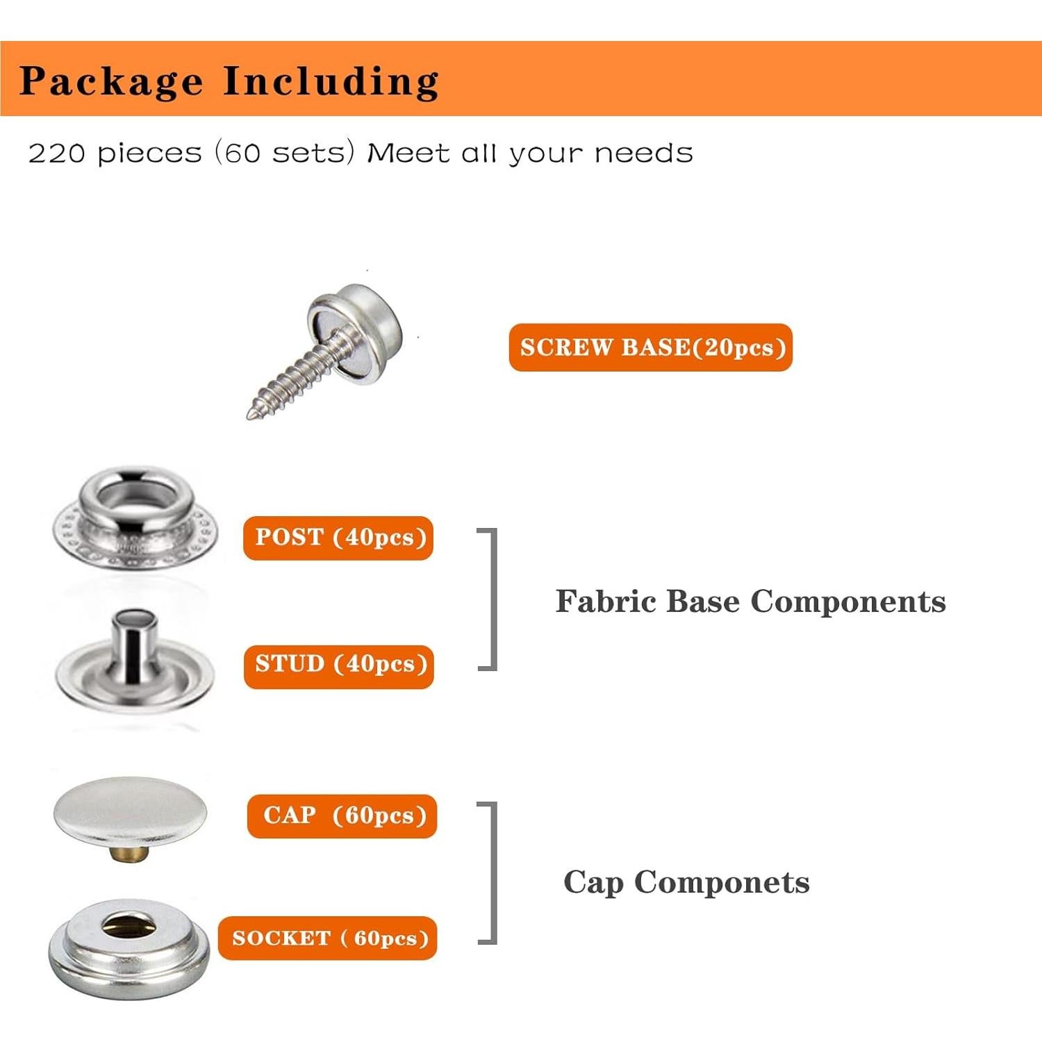 Kit de 220 Botones a Presión FUZHIJIA 15mm Acero Inoxidable