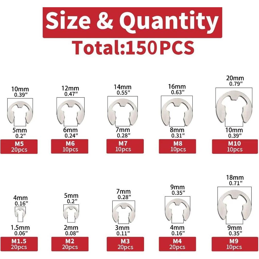 150 Piezas Anillos de Retención E-Clip Acero Inoxidable 304