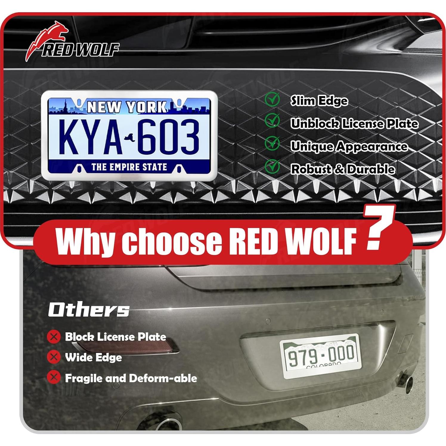 Marco de Placa de Licencia Acero Inoxidable RED WOLF 2PCS