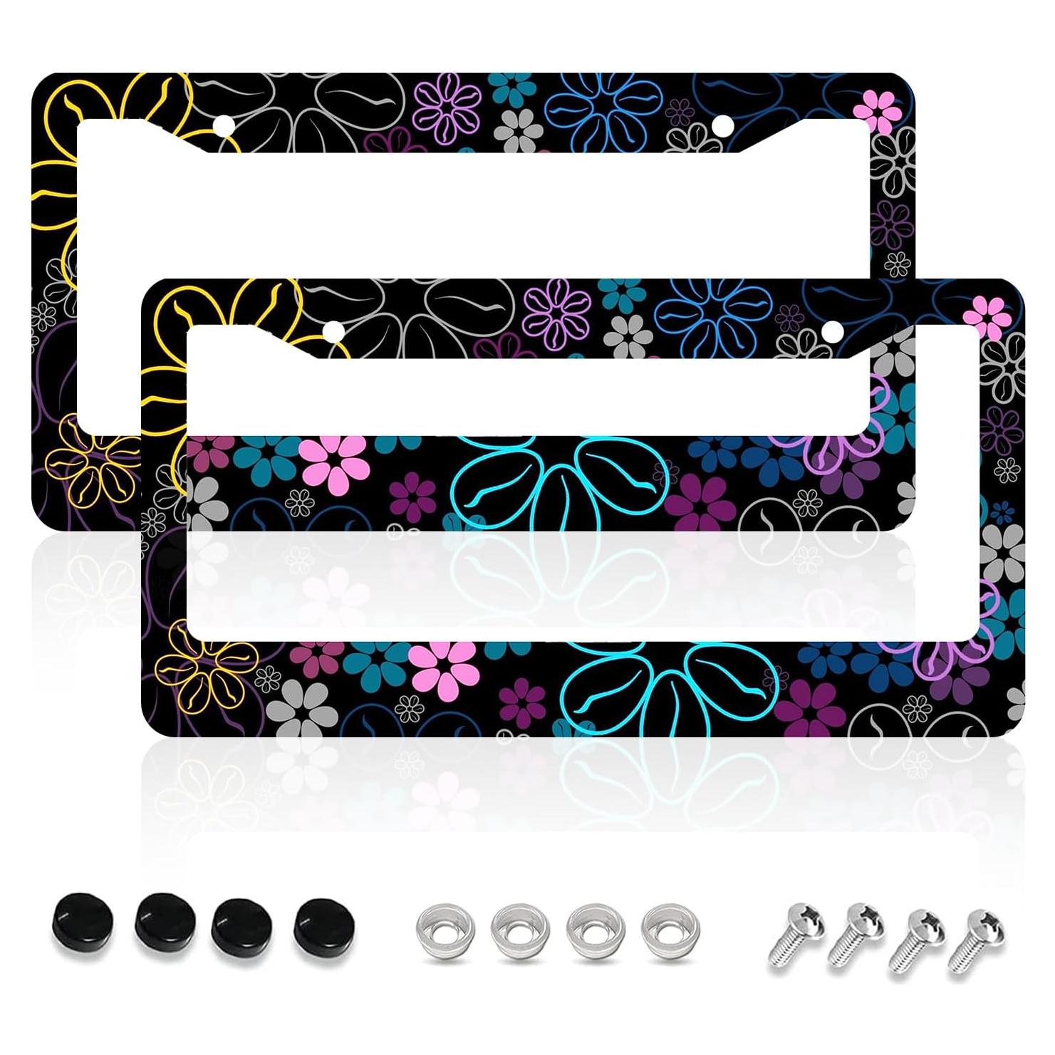 Flower License Plate Frames,Car Accessories License Plate Cover Holders Aluminum Metal 2 Pcs Set 2 Holes with Screw Caps for US Standard Vehicles for Women Men-6.3" X 12.2"