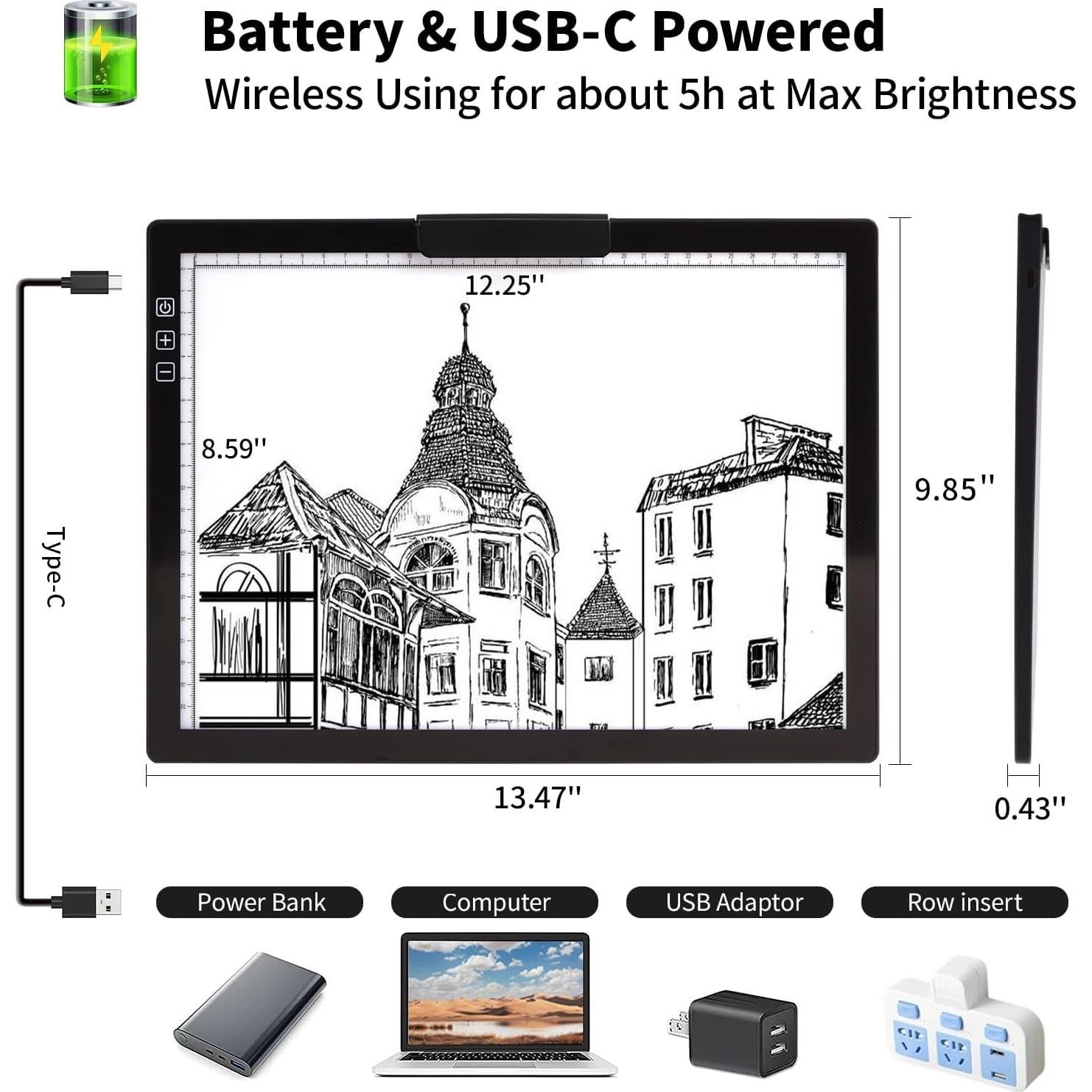 Mesa de Luz A4 Inalámbrica TOHETO con Soporte y Clip Negro