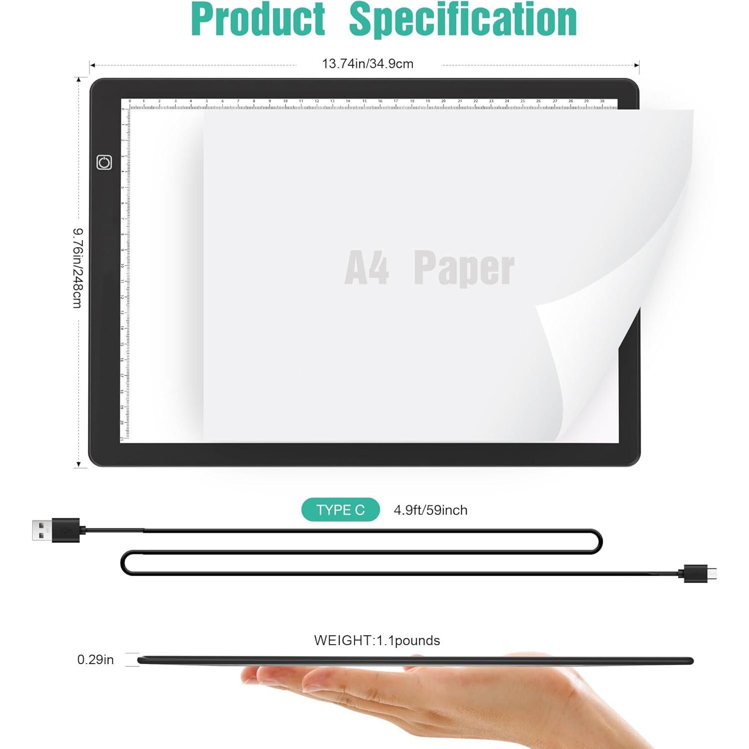 Tableta de Luz LED Comzler A4 Negra, Brillo Regulable 3 Niveles