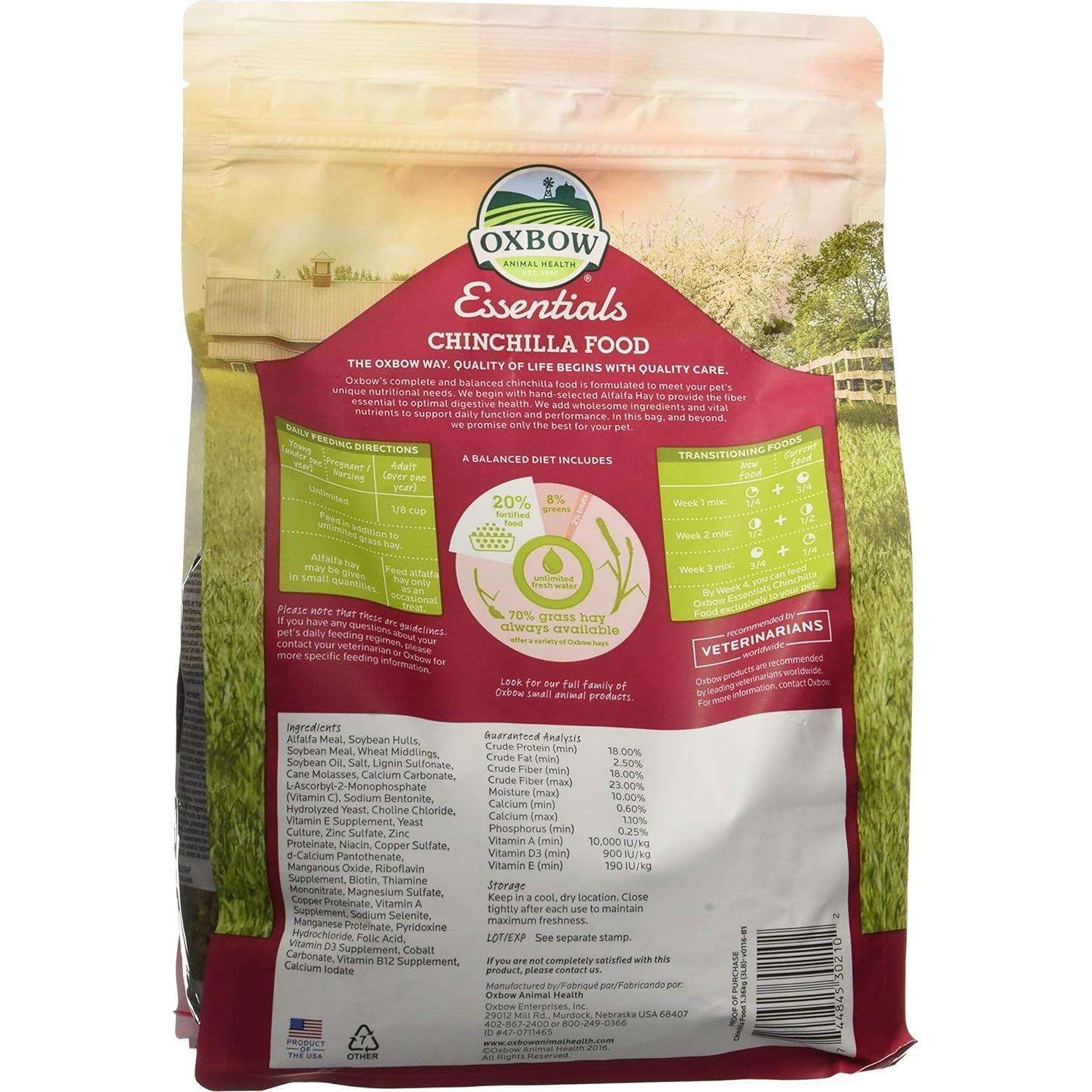 Alimento para Chinchillas Oxbow Essentials 1.36 kg - Alto en Fibra