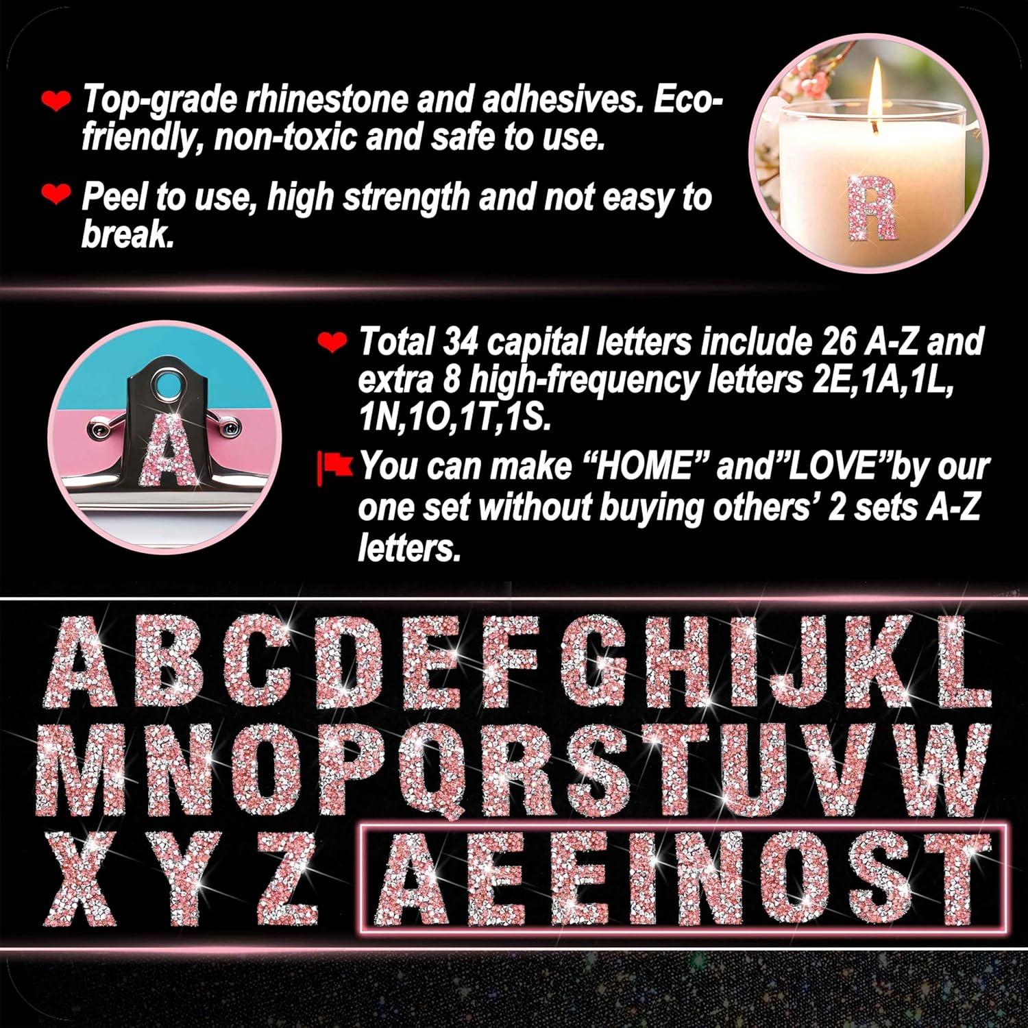 Stickers Letras Rhinestone Locacrystal 34Pcs 4cm Plata Rosa