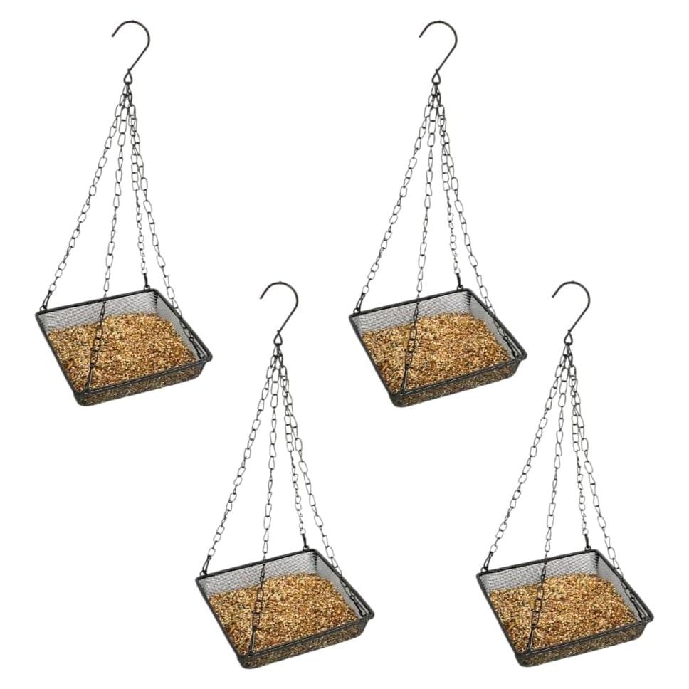 Evelots Hanging Bird Feeder Tray-4 Pack- Sturdy Metal Mesh Seed & Suet Platform-Attract Wild Birds in Backyard-Long 16 Inch Metal Chain-Water Drains Out