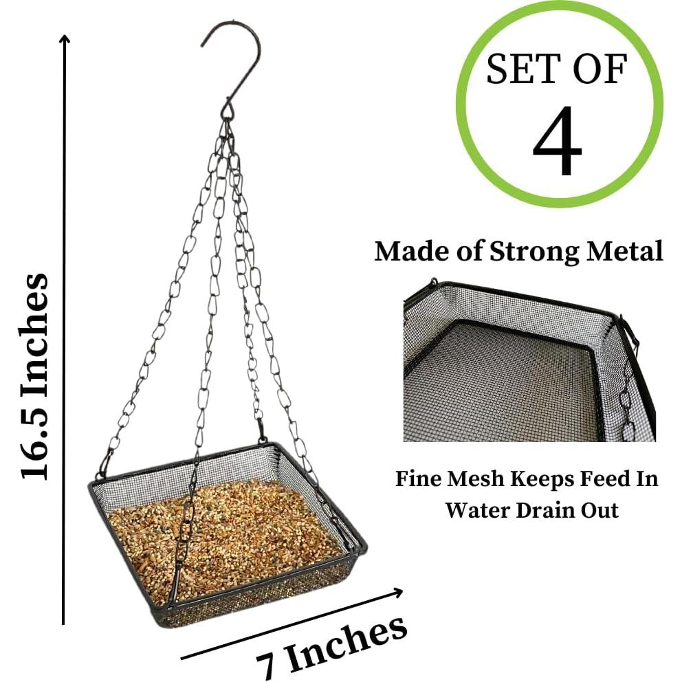 Evelots Hanging Bird Feeder Tray-4 Pack- Sturdy Metal Mesh Seed & Suet Platform-Attract Wild Birds in Backyard-Long 16 Inch Metal Chain-Water Drains Out