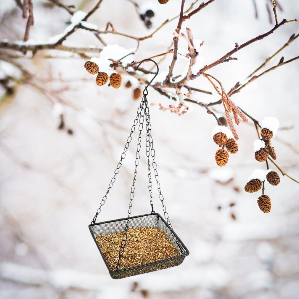 Evelots Hanging Bird Feeder Tray-4 Pack- Sturdy Metal Mesh Seed & Suet Platform-Attract Wild Birds in Backyard-Long 16 Inch Metal Chain-Water Drains Out