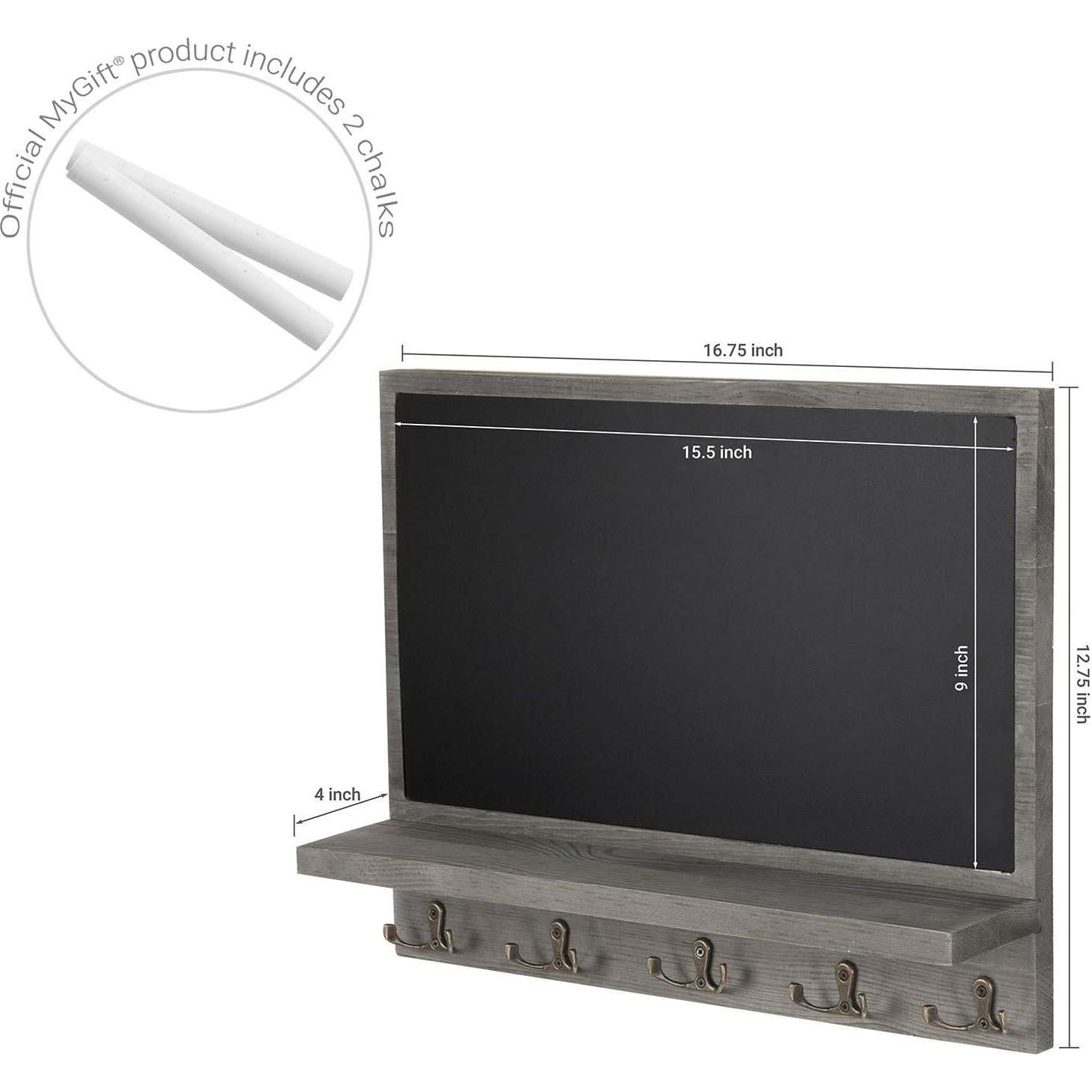 Cartel de Pizarra Montado en Pared MiRegalo Gris Oscuro con Estante y 5 Ganchos