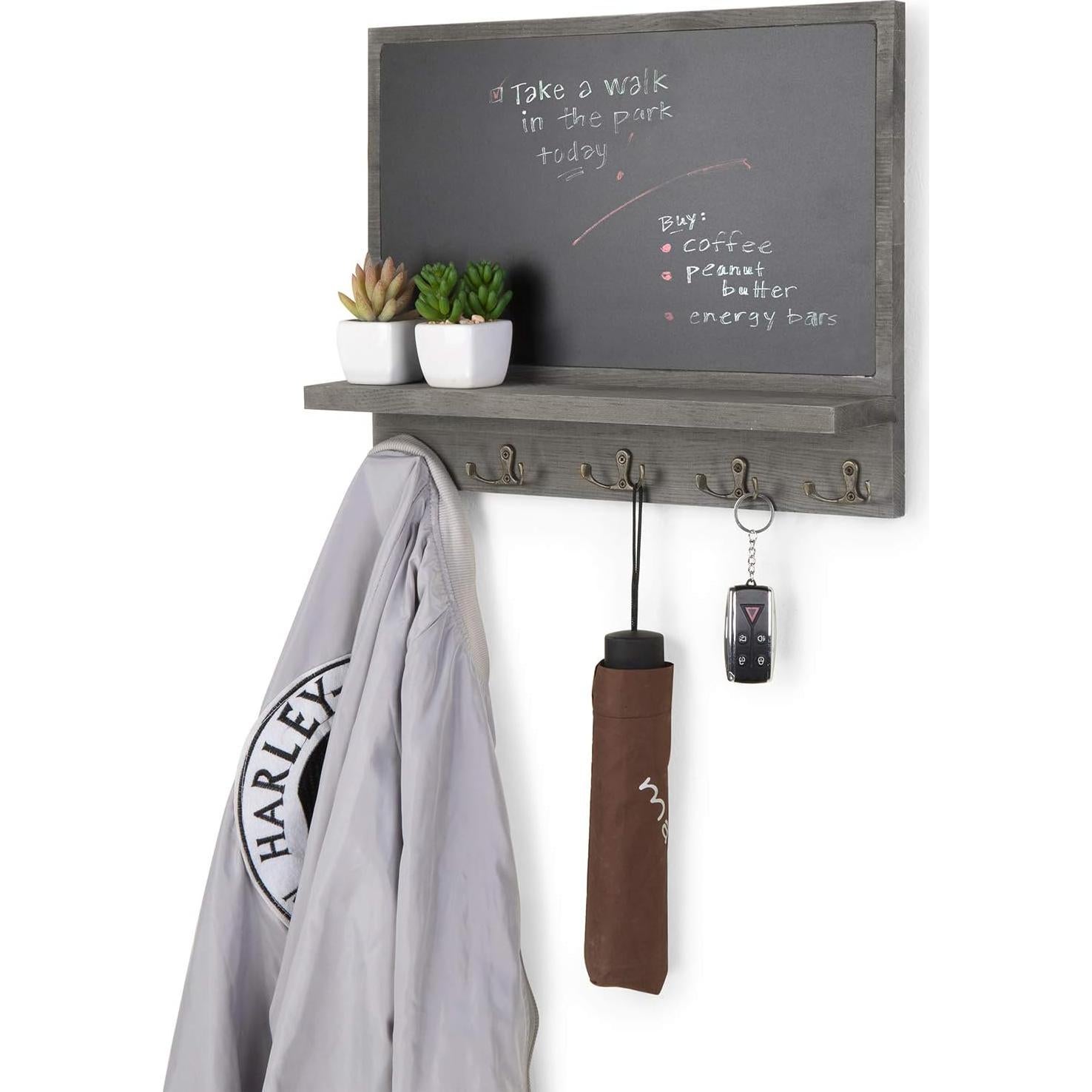 Cartel de Pizarra Montado en Pared MiRegalo Gris Oscuro con Estante y 5 Ganchos