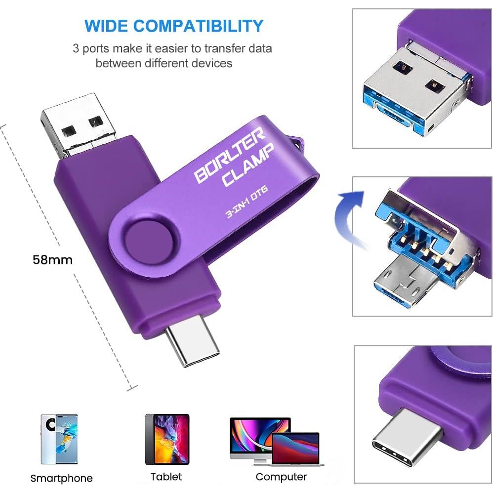 Unidad Flash 256GB BorlterClamp 3 en 1 USB OTG Púrpura