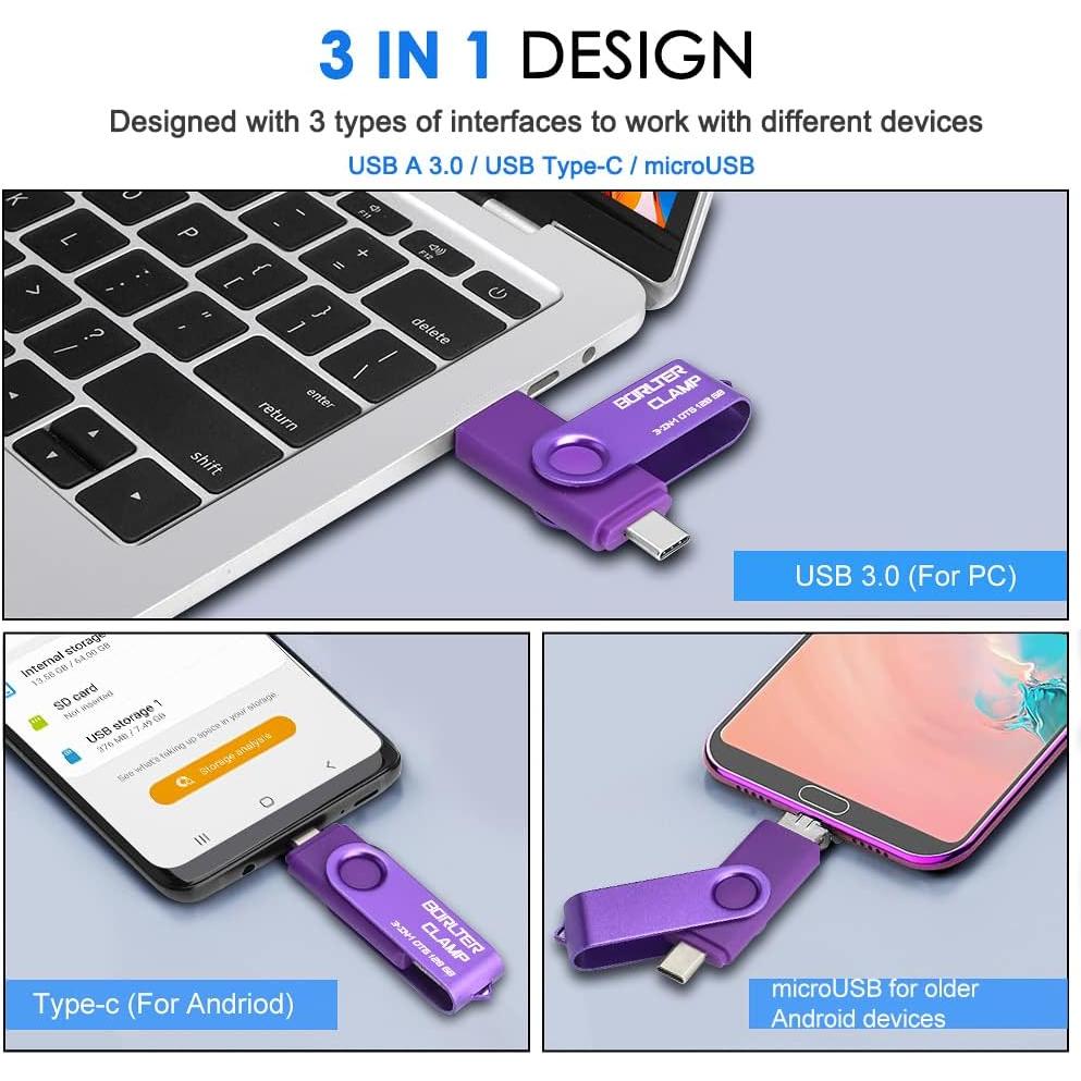 Unidad Flash 256GB BorlterClamp 3 en 1 USB OTG Púrpura