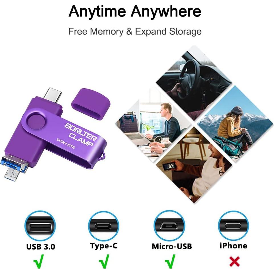 Unidad Flash 256GB BorlterClamp 3 en 1 USB OTG Púrpura