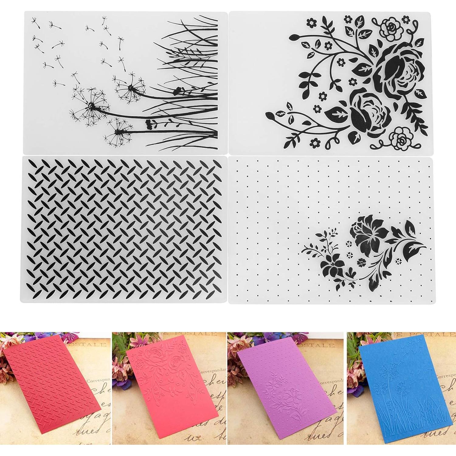 Embossing Folder, 4Pcs Plastic Embossed Template Embossing Folders Stencil Decorating for DIY Scrapbooking Card Making Photo Album Stamps Paper Craft Making Decoration