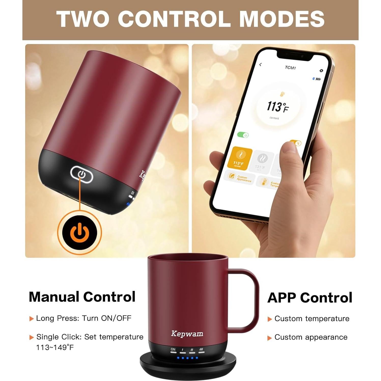 Taza de café autocalentable Kepwam Burdeos 16 oz control táctil