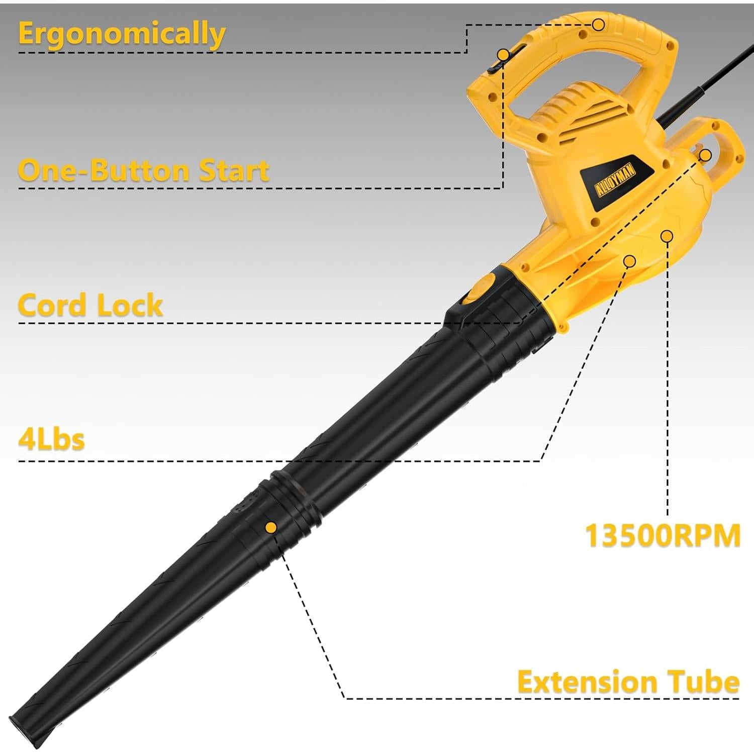Soplador de Hojas Eléctrico Alloyman 7AMP 350 CFM Ligero