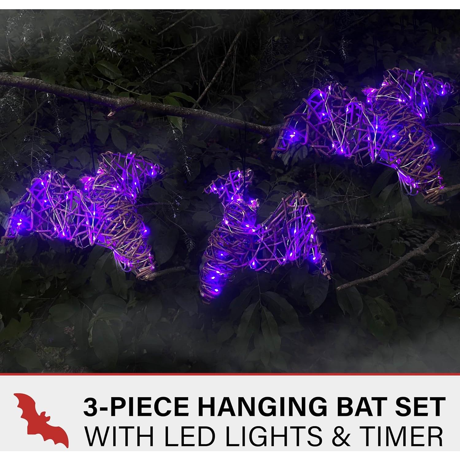 Conjunto de 3 Murciélagos de Ratán Iluminados Haunted Hill Farm