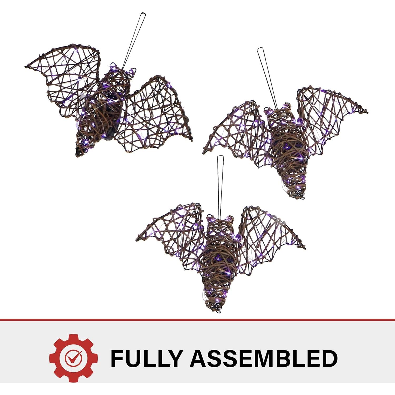 Conjunto de 3 Murciélagos de Ratán Iluminados Haunted Hill Farm