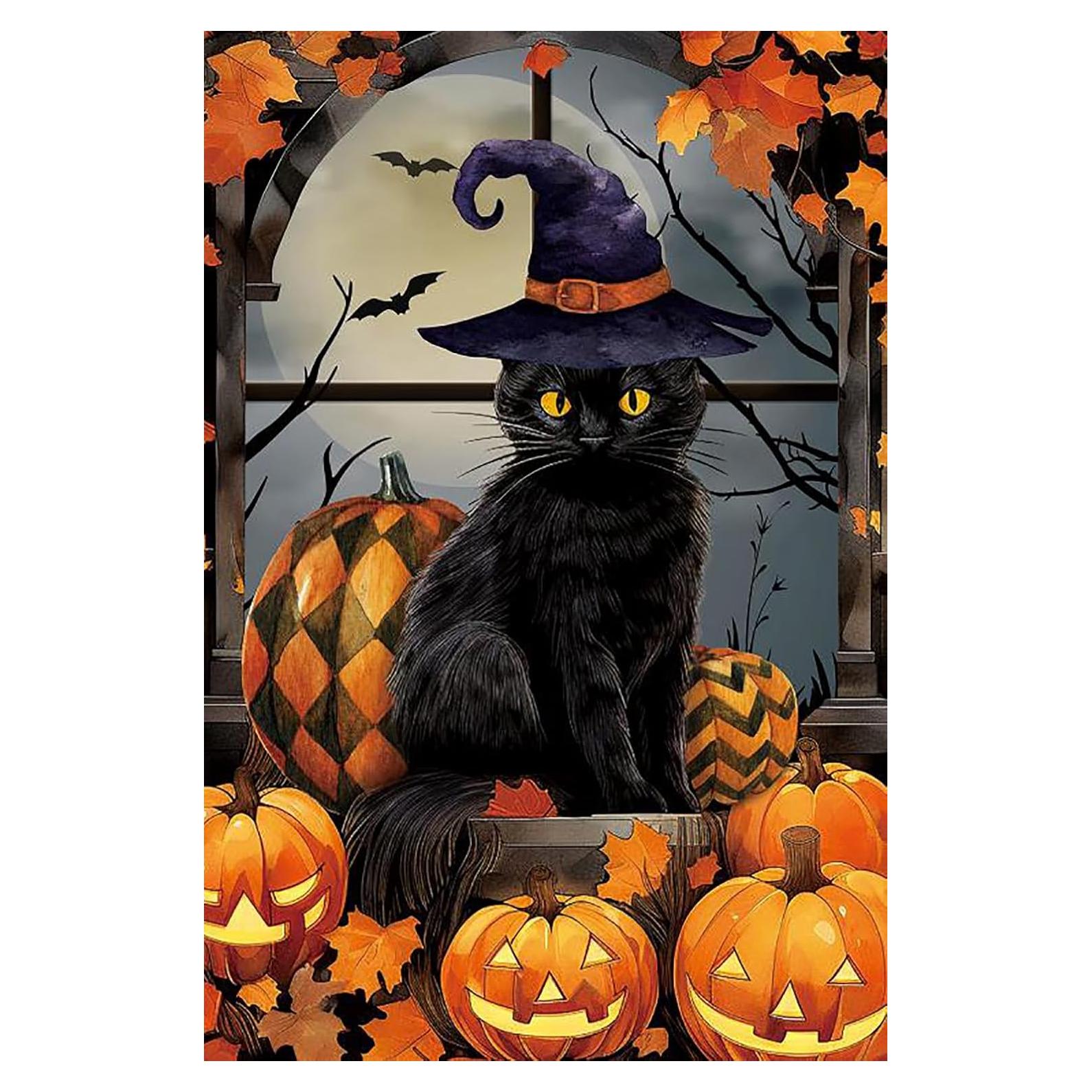 Bandera de Jardín Halloween Texupday 30x45 cm Gato Bruja