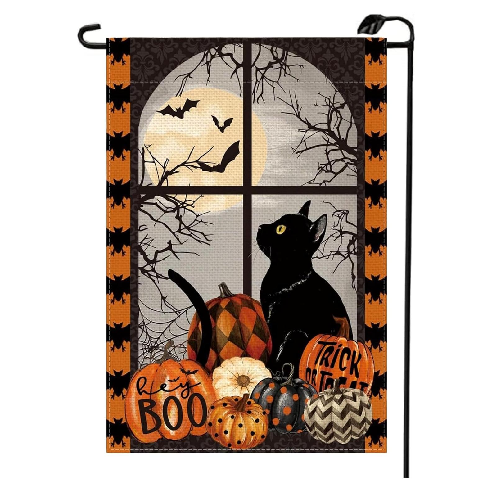 Bandera de Jardín Halloween Gato Negro 30x45 cm Doble Cara