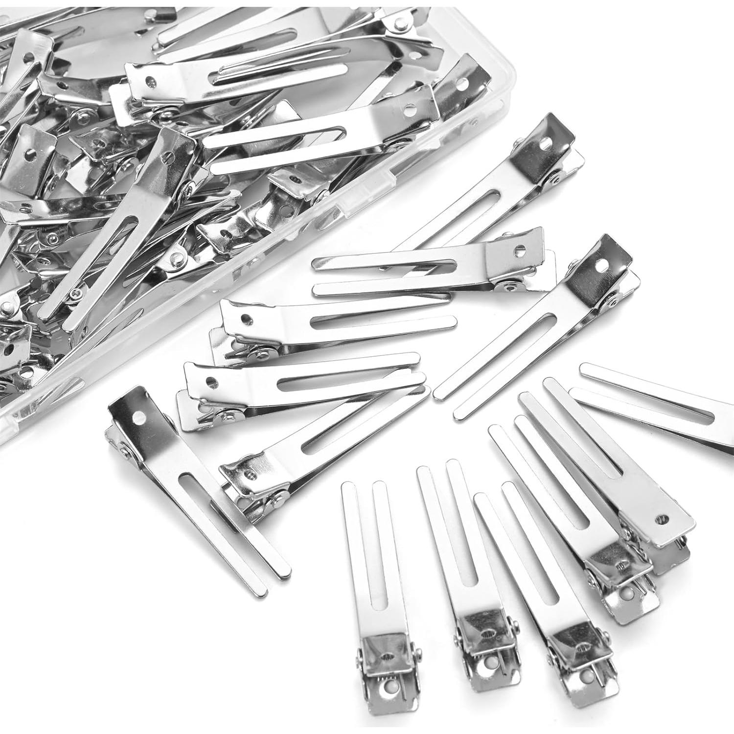 50 Clips de Pelo Doble Prong Metal Qoneyik 45mm Plateados