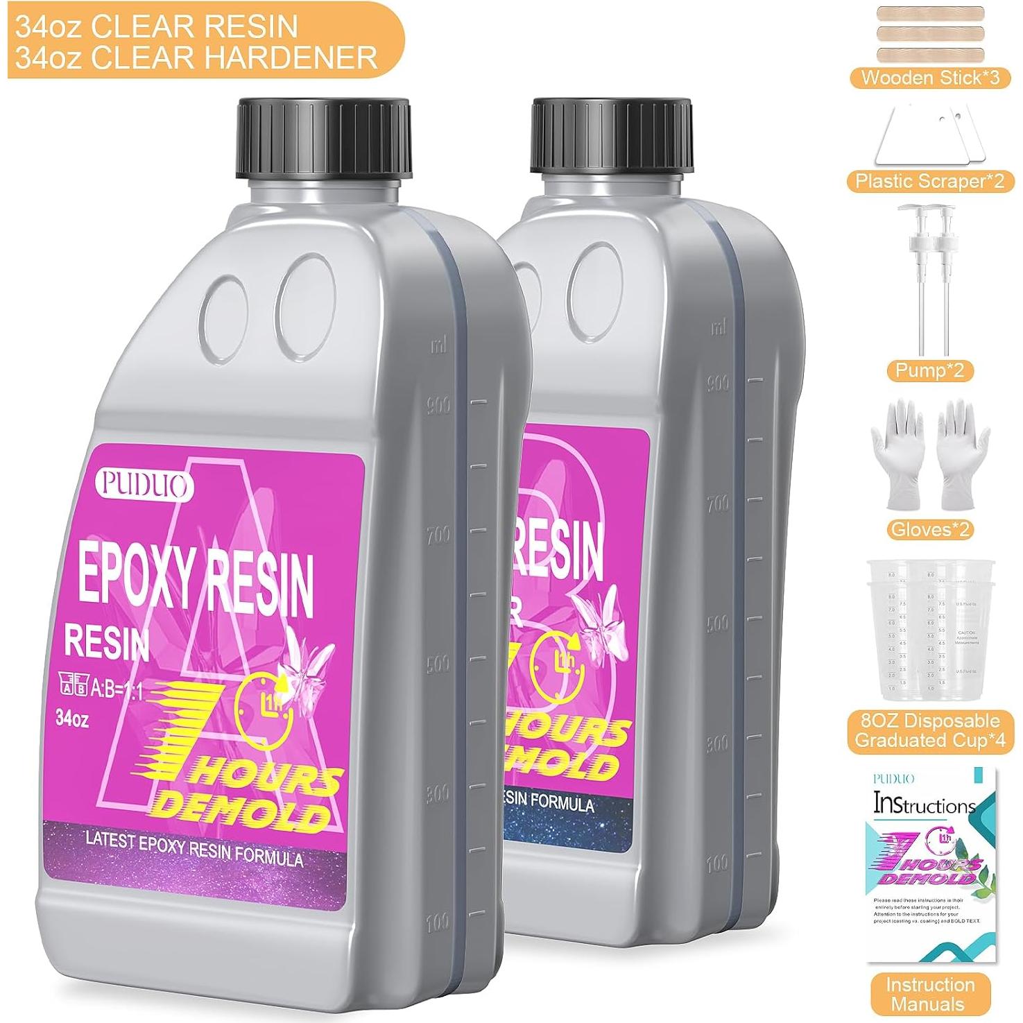 Resina Epóxica Puduo 68 oz, Curado Rápido 1 Hora, Cristal Claro