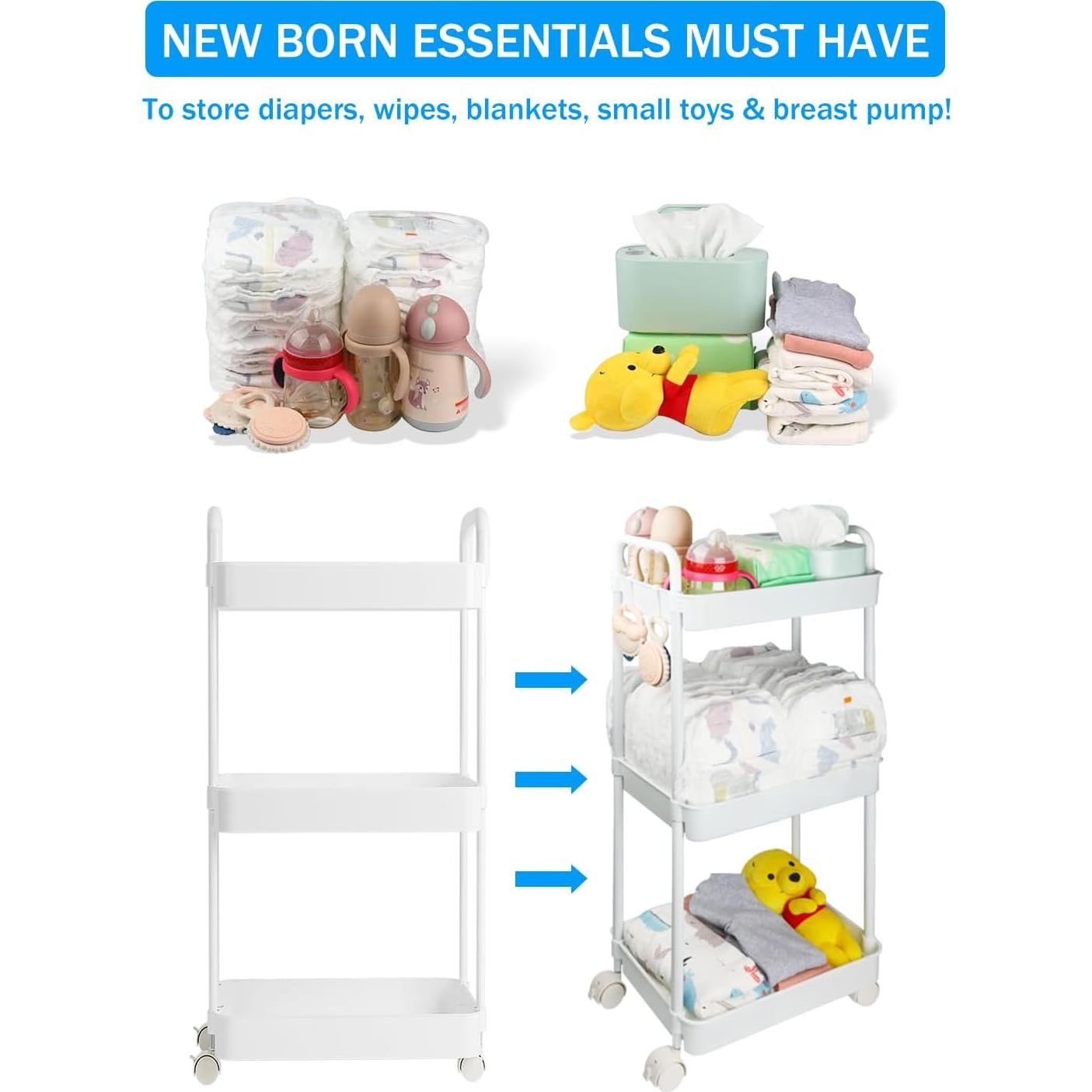 Carro Organizador de Pañales Volnamal Móvil 3 Niveles Blanco