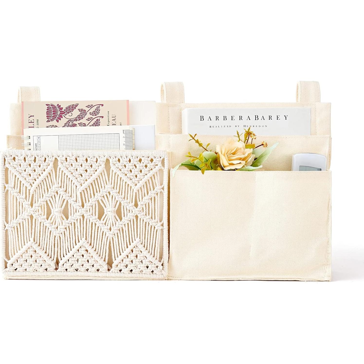 Organizador Colgante Mkono 7 Bolsillos Lona Marfil para Cama