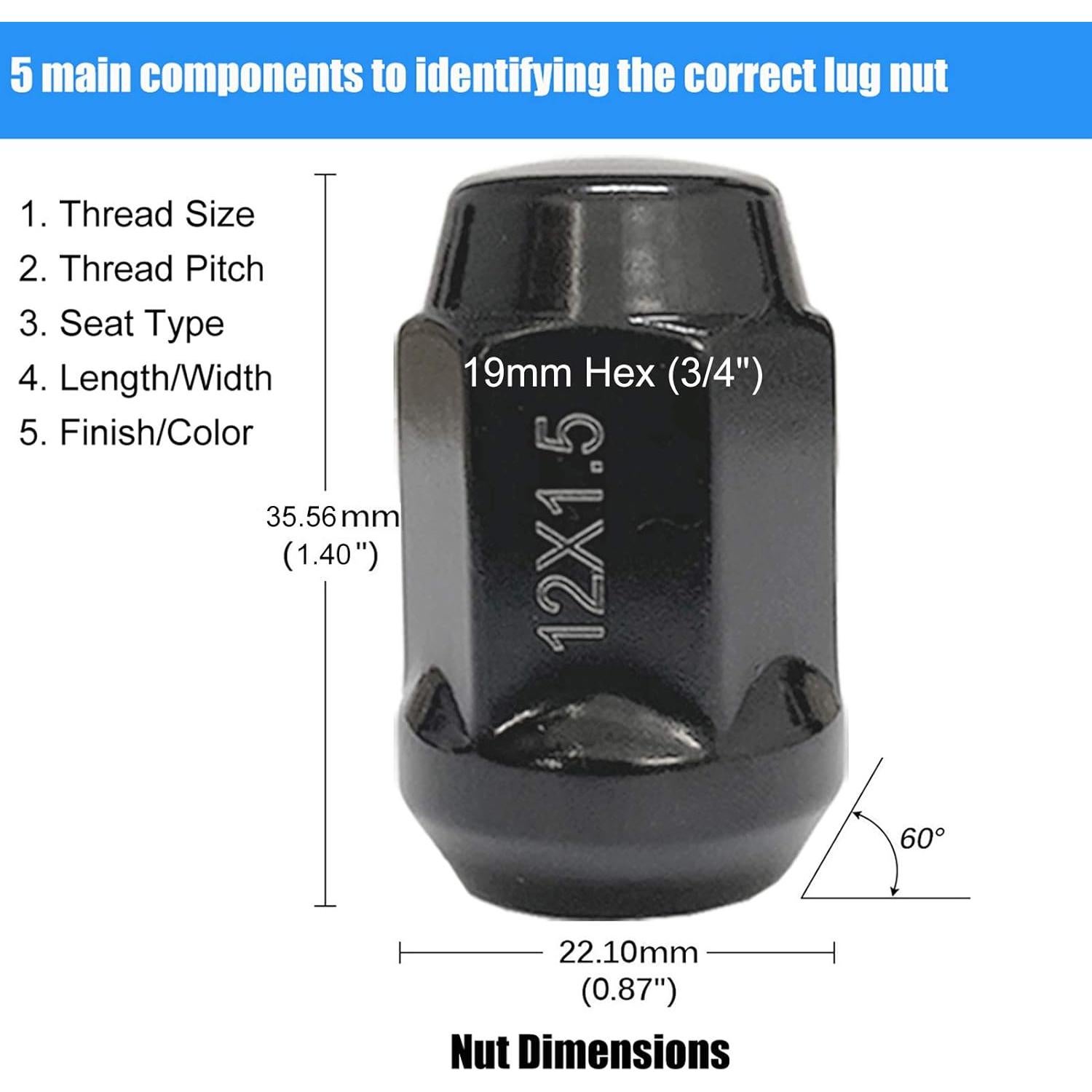 Tuercas de Rueda NPAUTO Negras M12x1.5 Acorn 20 Piezas