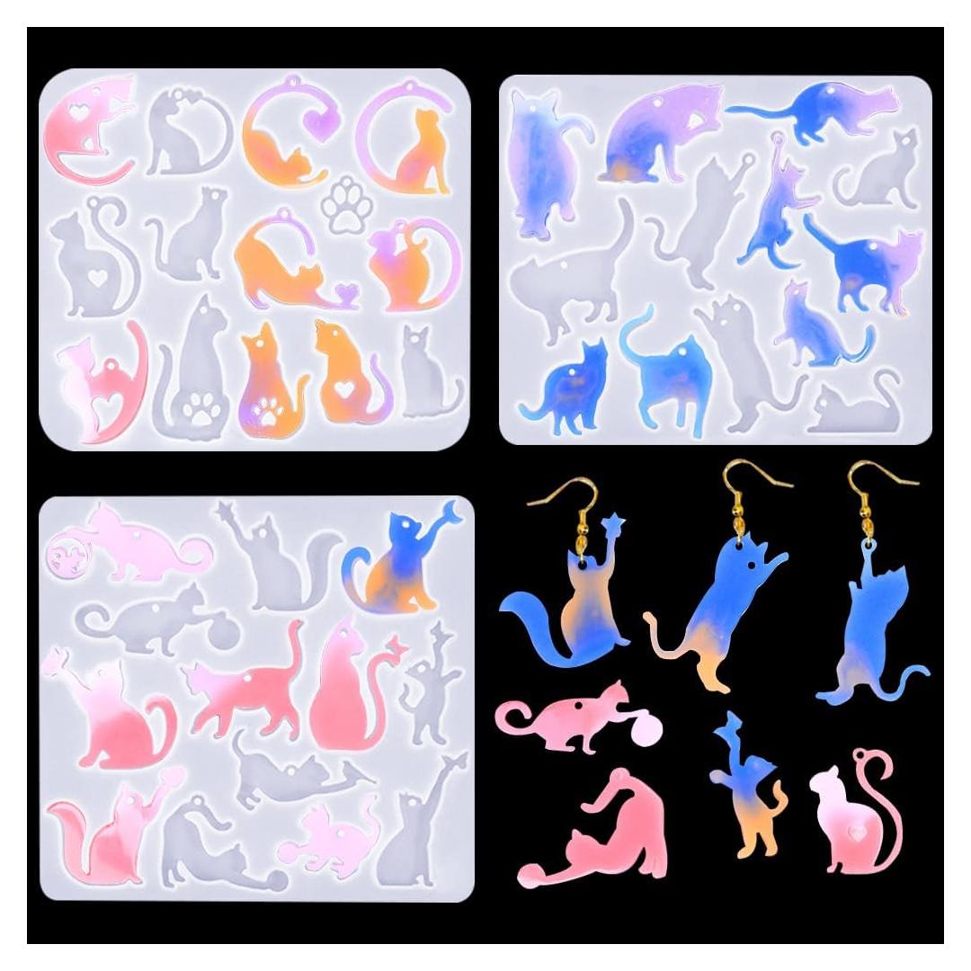 Moldes de Aretes de Resina FineInno 3 Pcs Silicona Gato