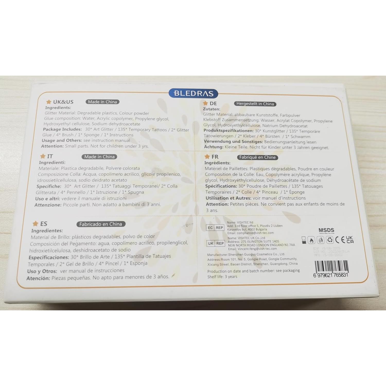 Kit de Tatuajes Temporales Brillantes Bedoira 30 Colores