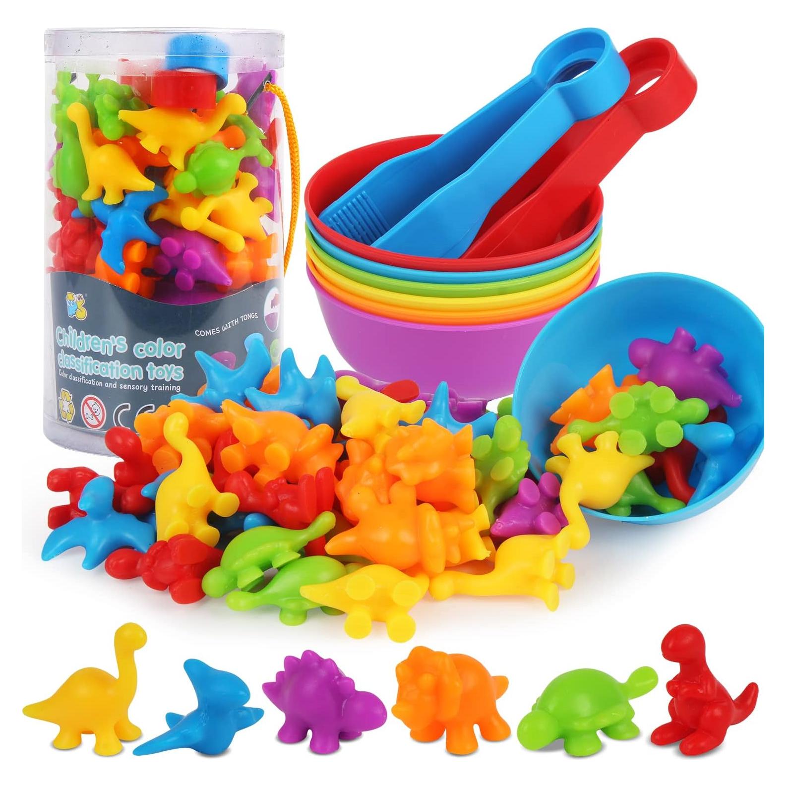 LOKIPA Counting Dinosaurs Toys Matching Game with Rainbow Sorting Cups, Color Sorting Set Preschool Learning Activities Education Toys for Toddlers Kids Ages 3 Years and Up