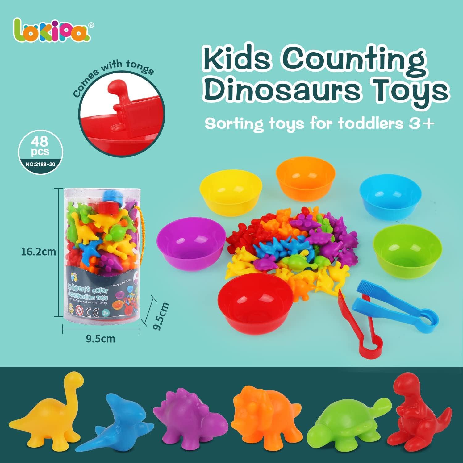 LOKIPA Counting Dinosaurs Toys Matching Game with Rainbow Sorting Cups, Color Sorting Set Preschool Learning Activities Education Toys for Toddlers Kids Ages 3 Years and Up