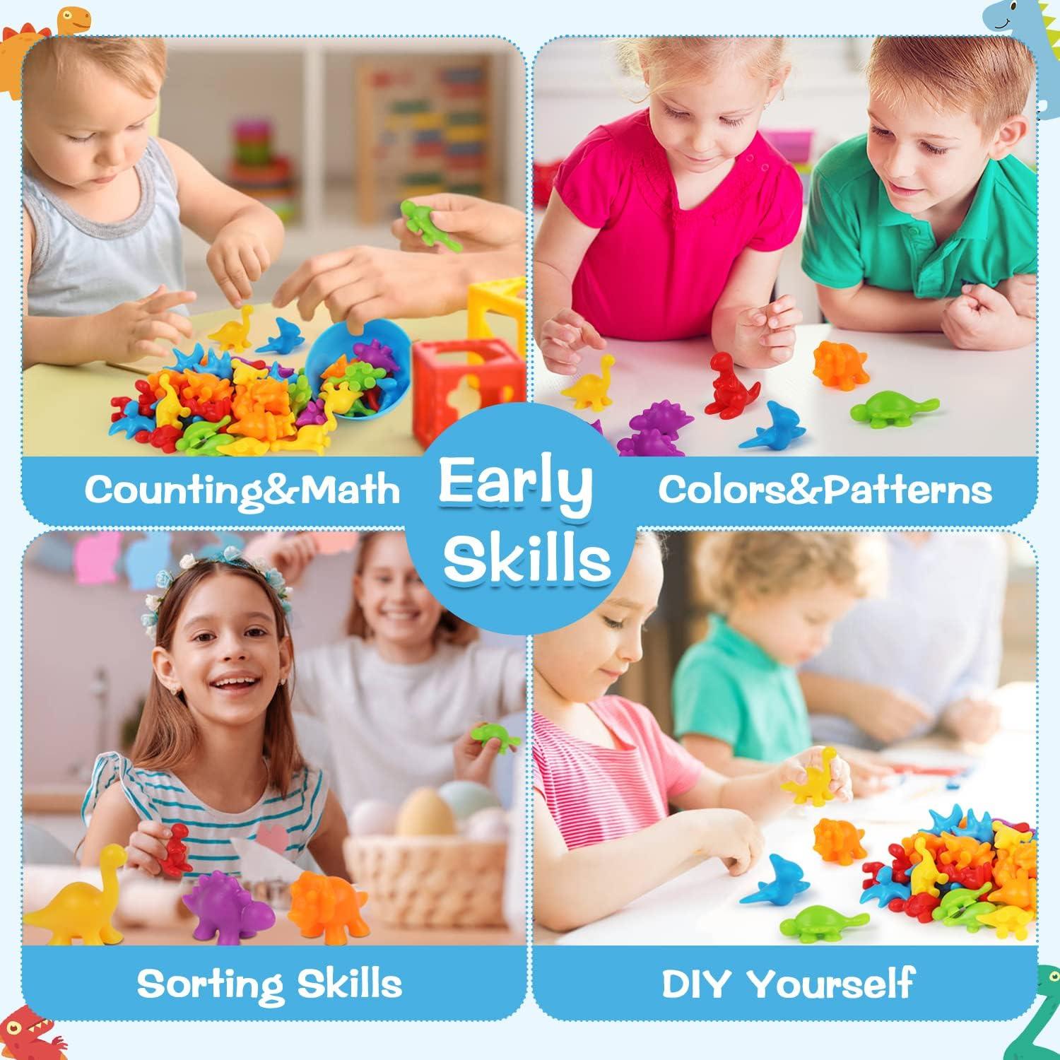 LOKIPA Counting Dinosaurs Toys Matching Game with Rainbow Sorting Cups, Color Sorting Set Preschool Learning Activities Education Toys for Toddlers Kids Ages 3 Years and Up