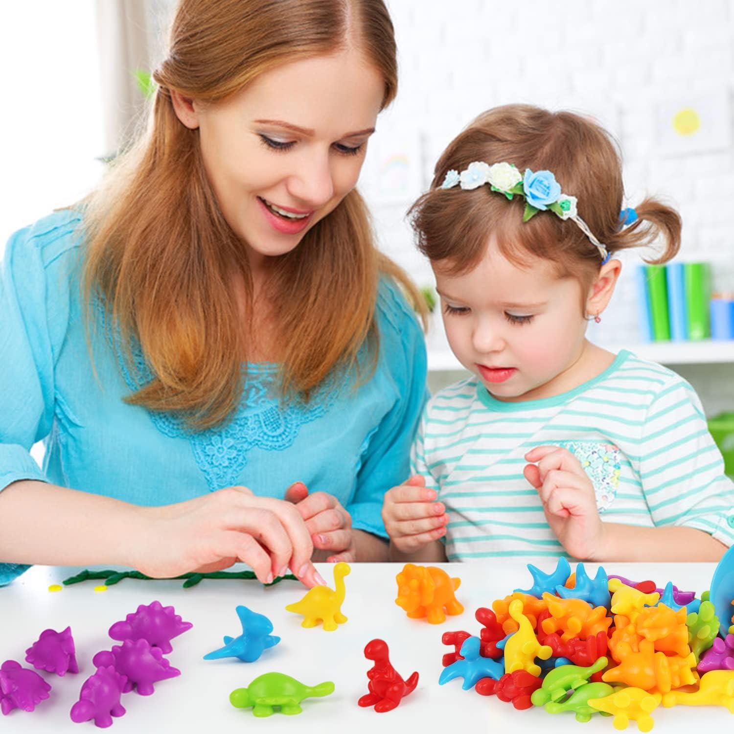 LOKIPA Counting Dinosaurs Toys Matching Game with Rainbow Sorting Cups, Color Sorting Set Preschool Learning Activities Education Toys for Toddlers Kids Ages 3 Years and Up