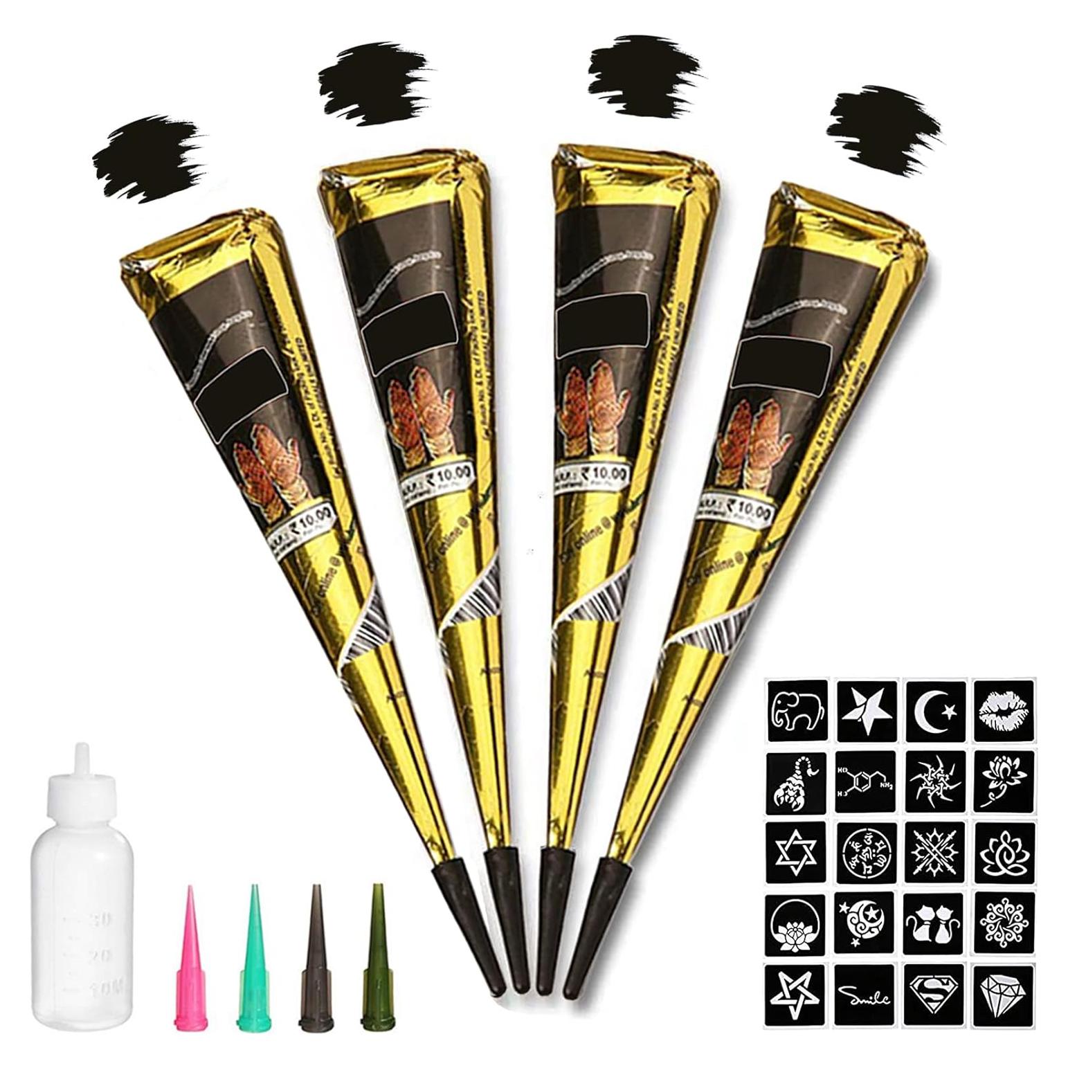 Kit de Tatuaje Temporal Negro VLIN - 4 Conos, 20 Plantillas